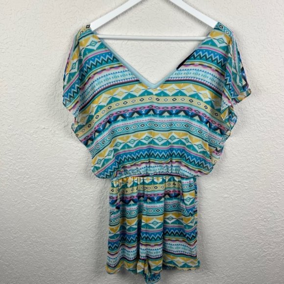 BLUE RAIN Womens S Multi Patterned Printed Romper V-Neck Short Flutter Sleeves - Picture 2 of 6